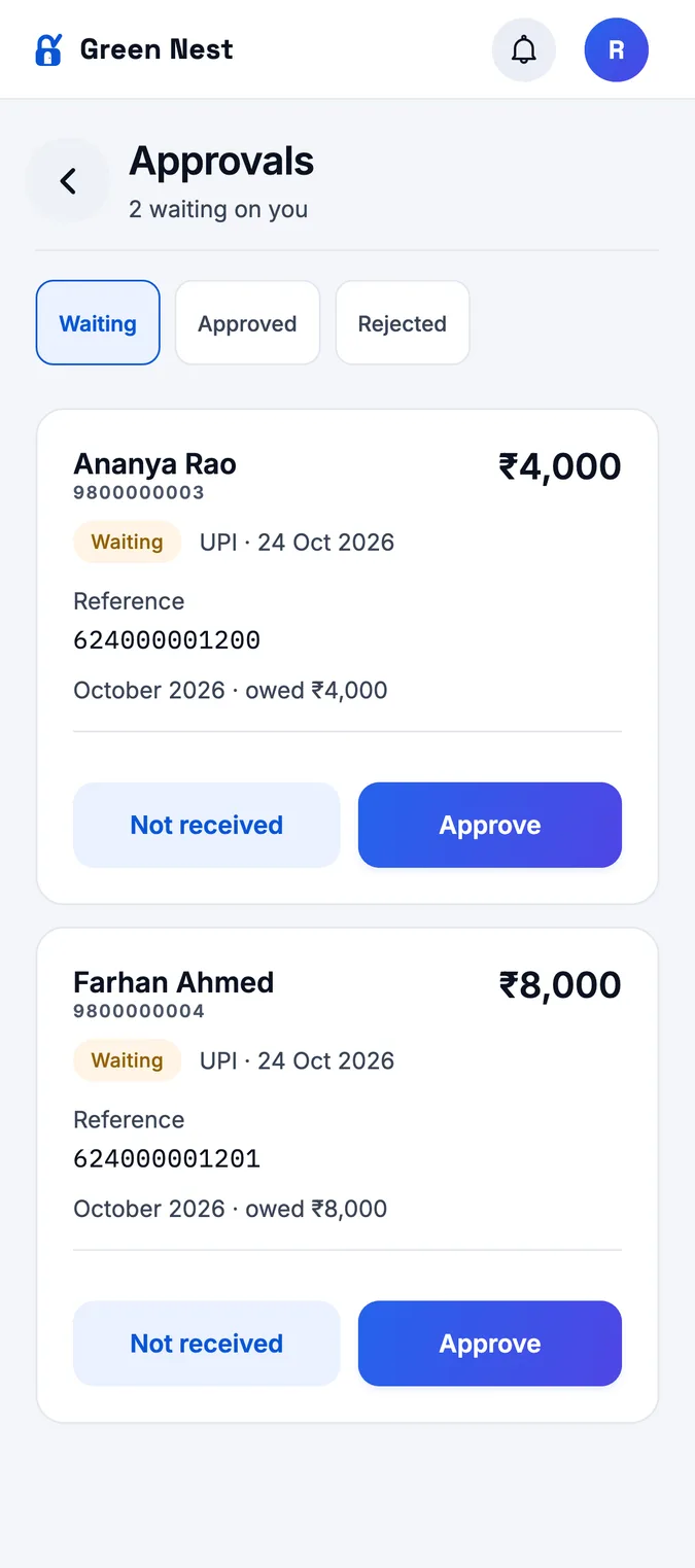 StayOne Payments to check screen with UPI payment screenshots waiting for approval