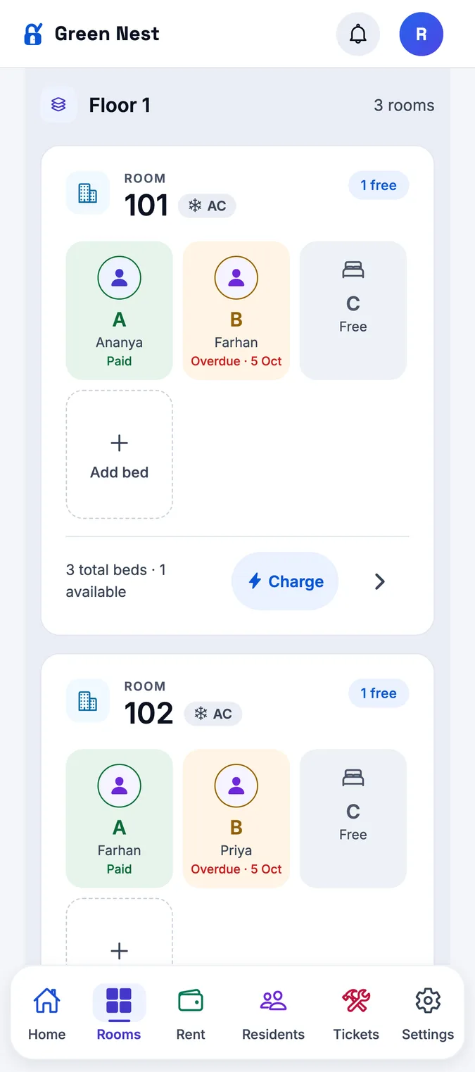 StayOne Rooms board with floor tabs, sharing filters and each room's beds showing the resident and whether their rent is paid or overdue