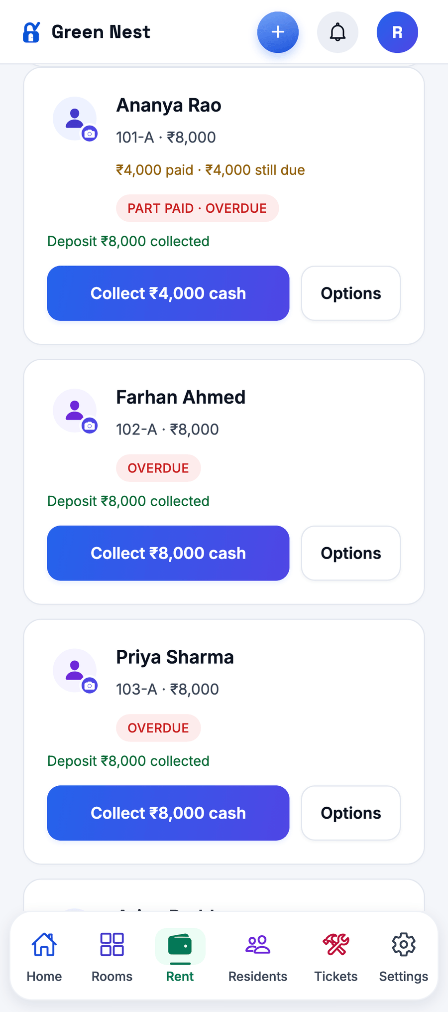 Current rent cards with separate resident details, payment status, balances, and collection actions. Sample data.